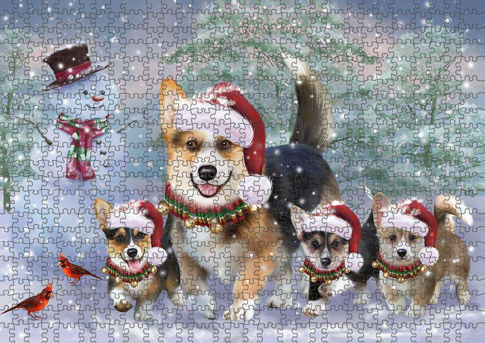 Christmas Running Family Dogs Corgis Dog Puzzle with Photo Tin PUZL84032