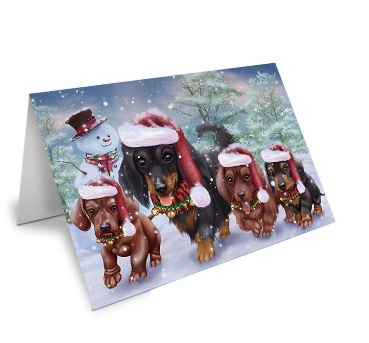 Christmas Running Family Dogs Dachshunds Dog Handmade Artwork Assorted Pets Greeting Cards and Note Cards with Envelopes for All Occasions and Holiday Seasons GCD66689