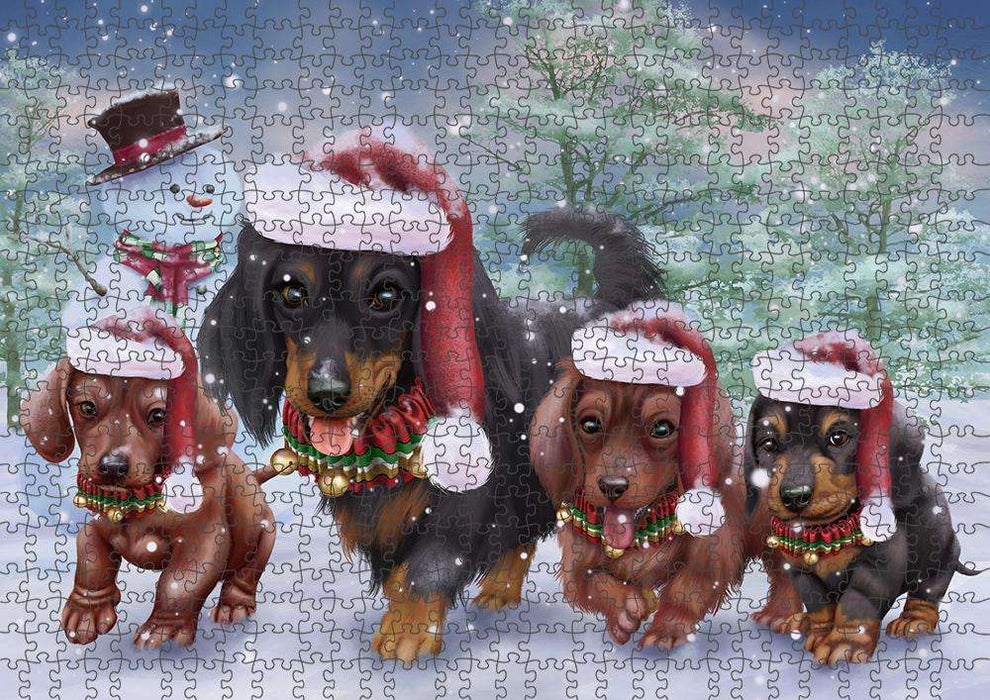 Christmas Running Family Dogs Dachshunds Dog Puzzle with Photo Tin PUZL84036
