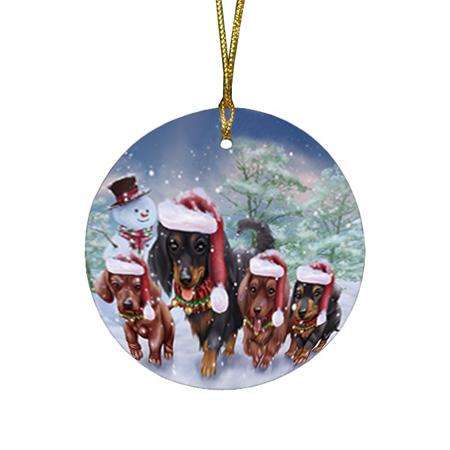 Christmas Running Family Dogs Dachshunds Dog Round Flat Christmas Ornament RFPOR54211