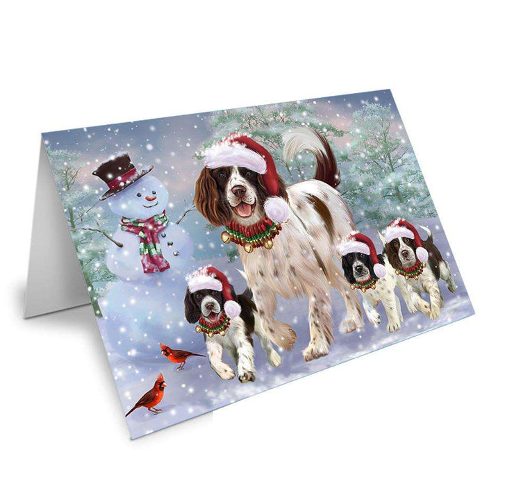 Christmas Running Family Dogs English Springer Spaniels Dog Handmade Artwork Assorted Pets Greeting Cards and Note Cards with Envelopes for All Occasions and Holiday Seasons GCD66692