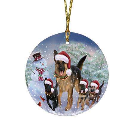 Christmas Running Family Dogs German Shepherds Dog Round Flat Christmas Ornament RFPOR54213