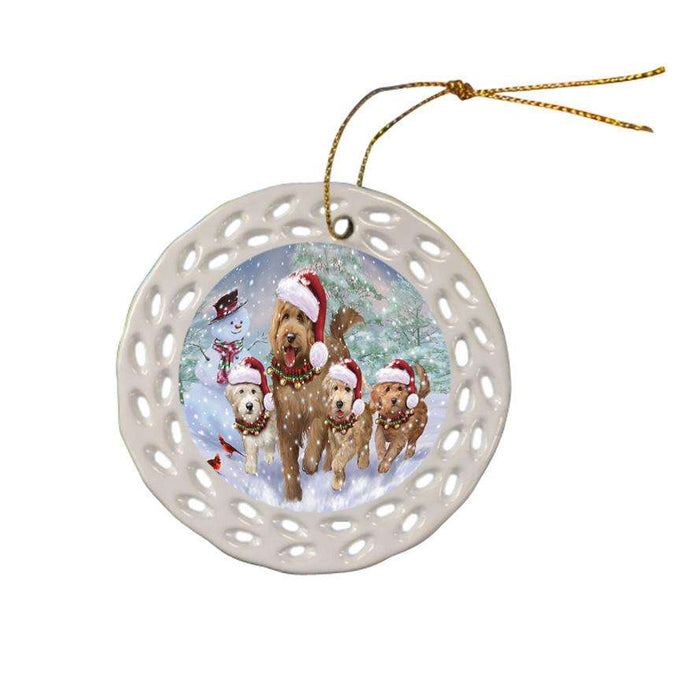 Christmas Running Family Dogs Goldendoodles Dog Ceramic Doily Ornament DPOR54223