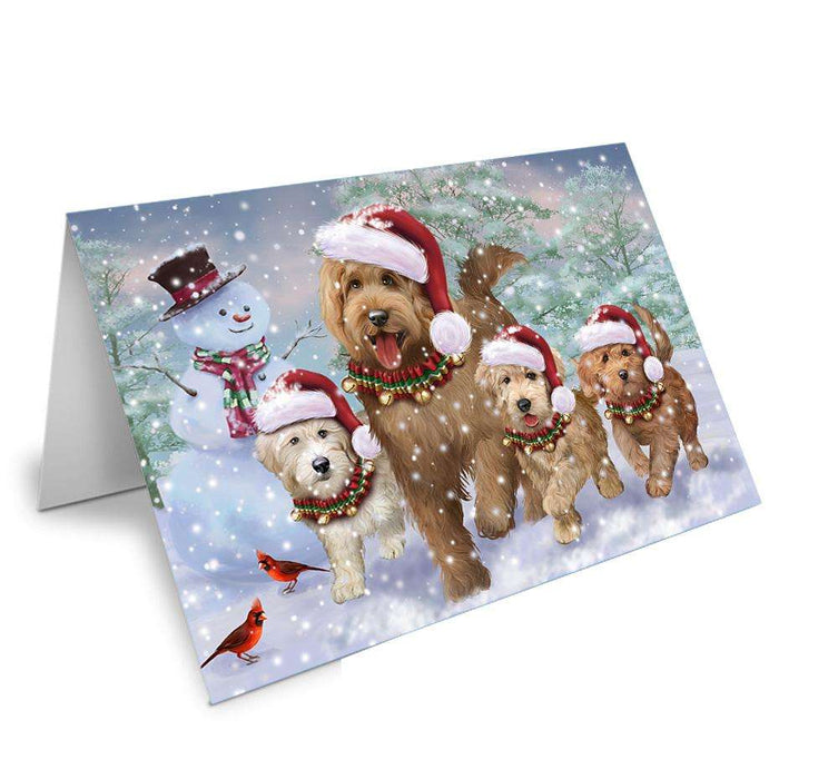 Christmas Running Family Dogs Goldendoodles Dog Handmade Artwork Assorted Pets Greeting Cards and Note Cards with Envelopes for All Occasions and Holiday Seasons GCD66698