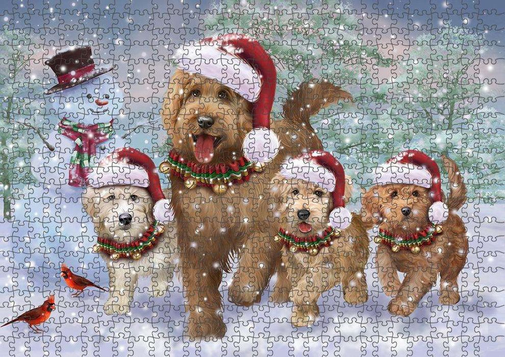 Christmas Running Family Dogs Goldendoodles Dog Puzzle with Photo Tin PUZL84048
