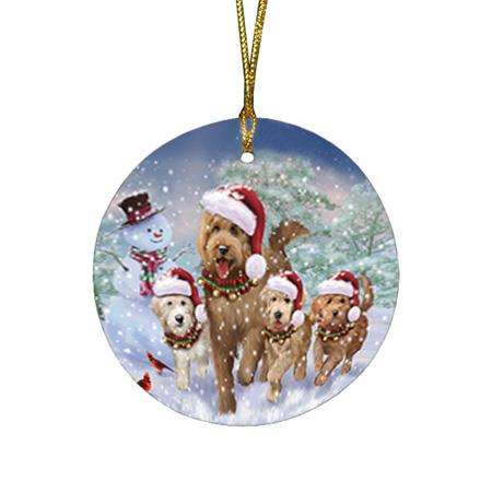 Christmas Running Family Dogs Goldendoodles Dog Round Flat Christmas Ornament RFPOR54214