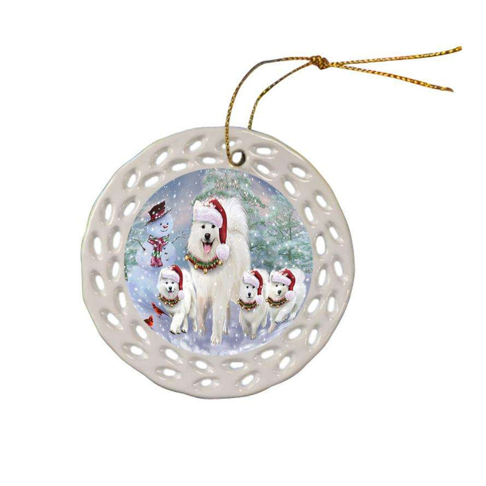 Christmas Running Family Dogs Samoyeds Dog Ceramic Doily Ornament DPOR54226
