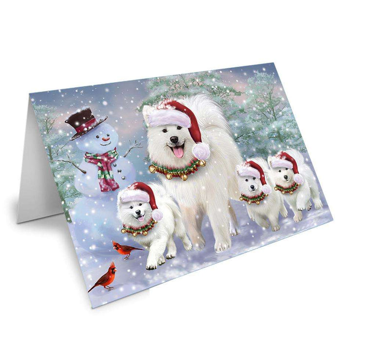 Christmas Running Family Dogs Samoyeds Dog Handmade Artwork Assorted Pets Greeting Cards and Note Cards with Envelopes for All Occasions and Holiday Seasons GCD66707