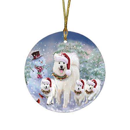 Christmas Running Family Dogs Samoyeds Dog Round Flat Christmas Ornament RFPOR54217
