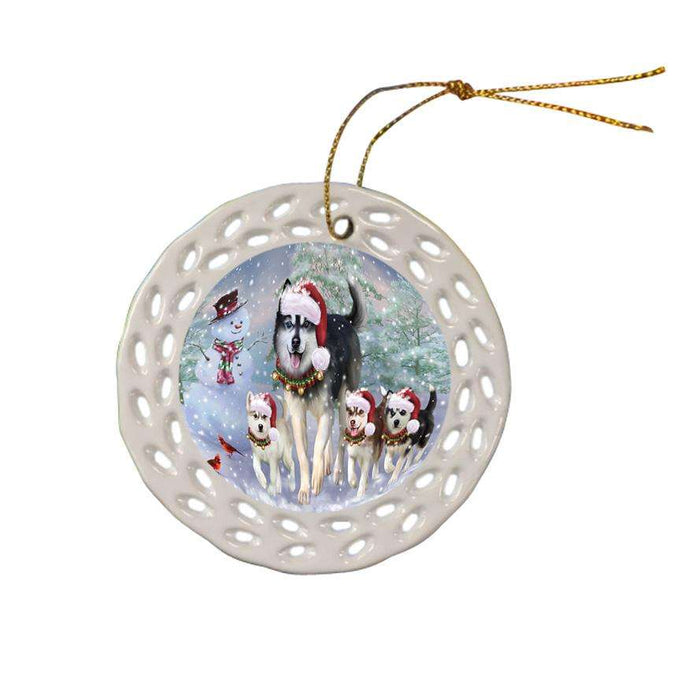 Christmas Running Family Dogs Siberian Huskies Dog Ceramic Doily Ornament DPOR54227