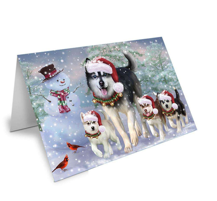 Christmas Running Family Dogs Siberian Huskies Dog Handmade Artwork Assorted Pets Greeting Cards and Note Cards with Envelopes for All Occasions and Holiday Seasons GCD66710