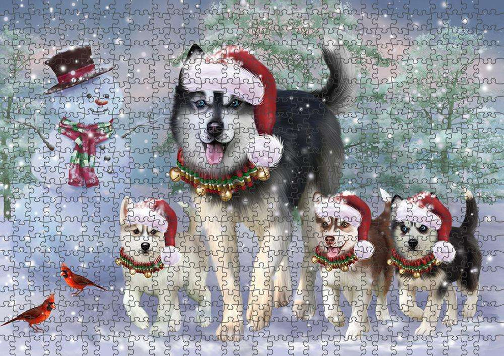 Christmas Running Family Dogs Siberian Huskies Dog Puzzle with Photo Tin PUZL84064