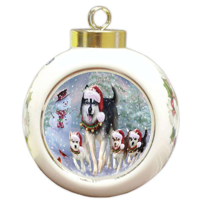 Christmas Running Family Dogs Siberian Huskies Dog Round Ball Christmas Ornament RBPOR54227