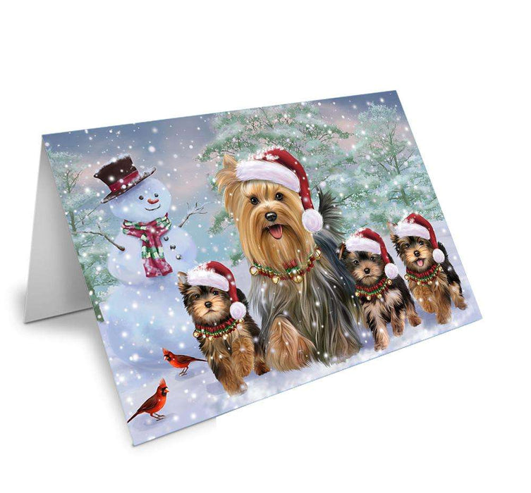 Christmas Running Family Dogs Yorkshire Terriers Dog Handmade Artwork Assorted Pets Greeting Cards and Note Cards with Envelopes for All Occasions and Holiday Seasons GCD66716