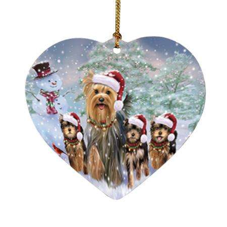 Christmas Running Family Dogs Yorkshire Terriers Dog Heart Christmas Ornament HPOR54229