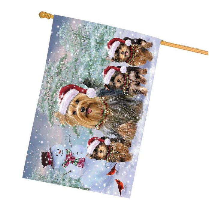 Christmas Running Family Dogs Yorkshire Terriers Dog House Flag FLG54427