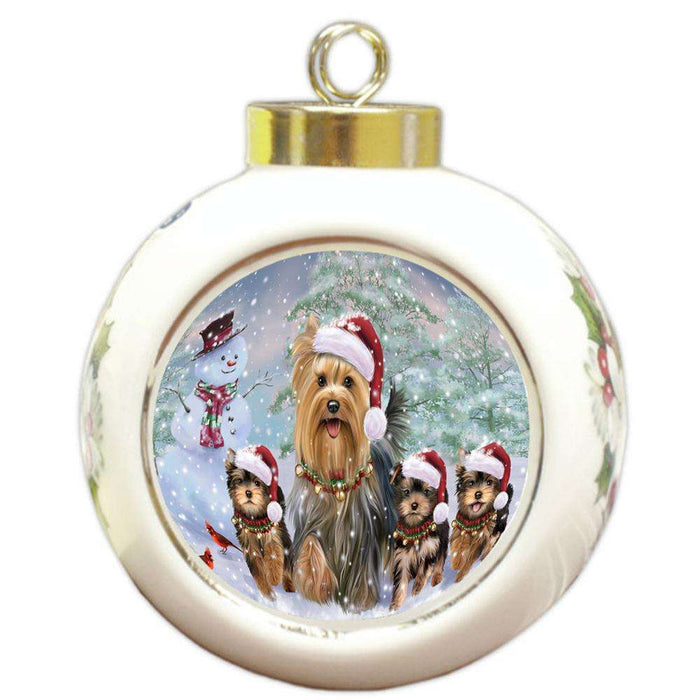 Christmas Running Family Dogs Yorkshire Terriers Dog Round Ball Christmas Ornament RBPOR54229