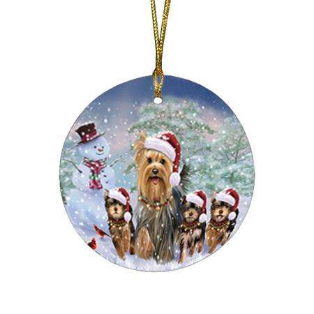 Christmas Running Family Dogs Yorkshire Terriers Dog Round Flat Christmas Ornament RFPOR54220