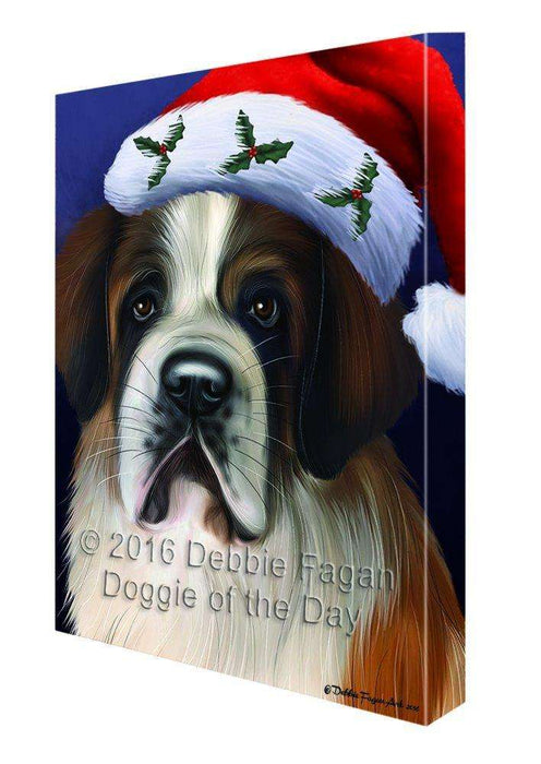 Christmas Saint Bernard Dog Holiday Portrait with Santa Hat Canvas Wall Art