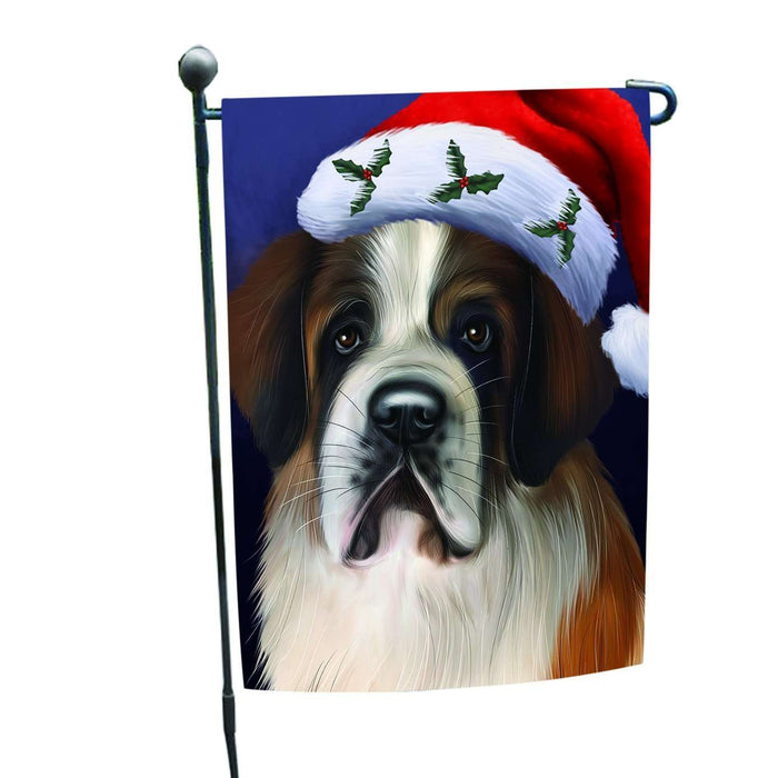 Christmas Saint Bernard Dog Holiday Portrait with Santa Hat Garden Flag