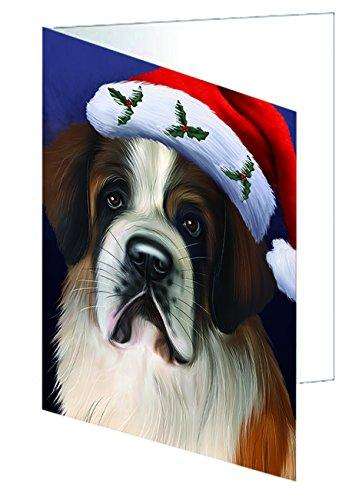 Christmas Saint Bernard Dog Holiday Portrait with Santa Hat Handmade Artwork Assorted Pets Greeting Cards and Note Cards with Envelopes for All Occasions and Holiday Seasons