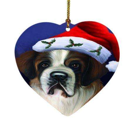 Christmas Saint Bernard Dog Holiday Portrait with Santa Hat Heart Ornament D002
