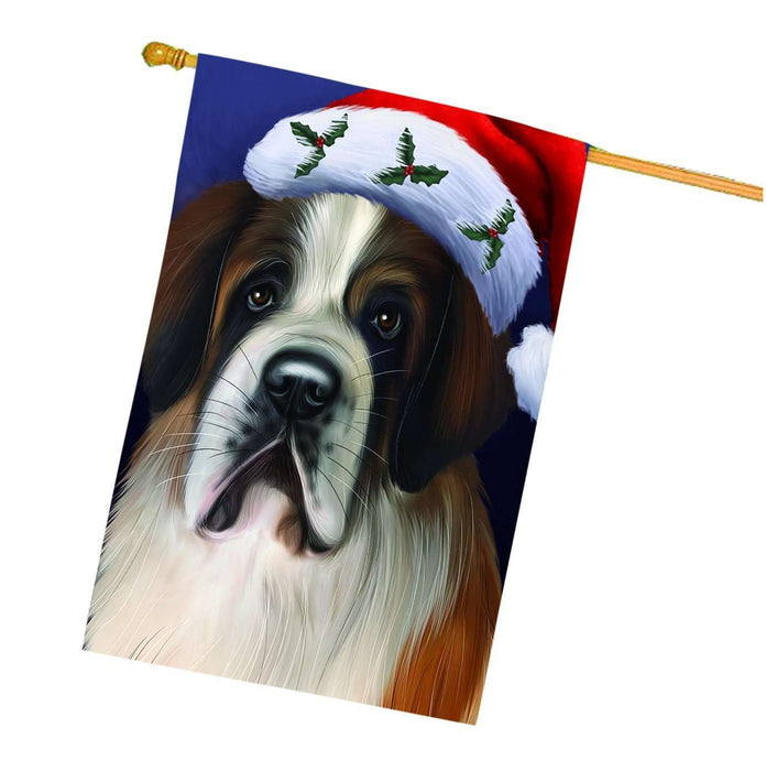 Christmas Saint Bernard Dog Holiday Portrait with Santa Hat House Flag