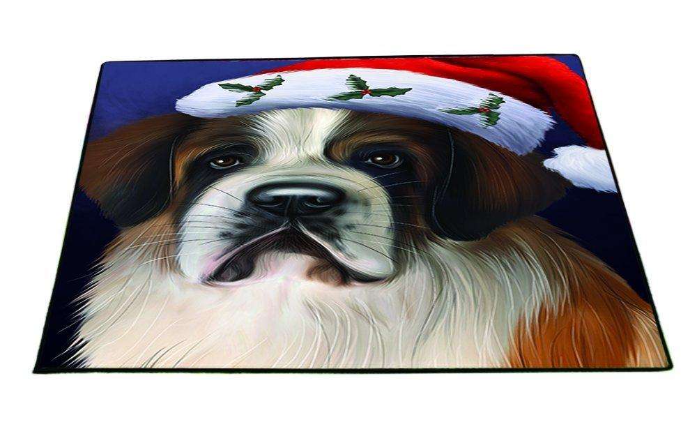 Christmas Saint Bernard Dog Holiday Portrait with Santa Hat Indoor/Outdoor Floormat