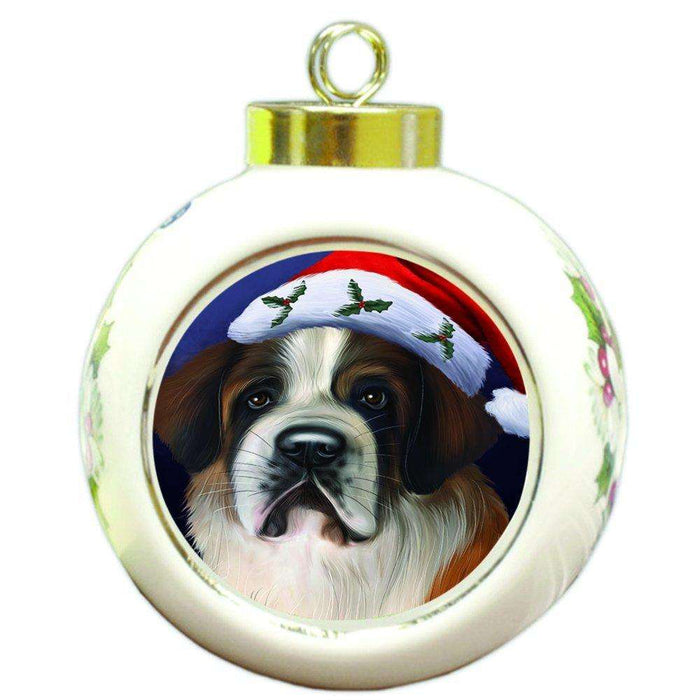 Christmas Saint Bernard Dog Holiday Portrait with Santa Hat Round Ball Ornament D002