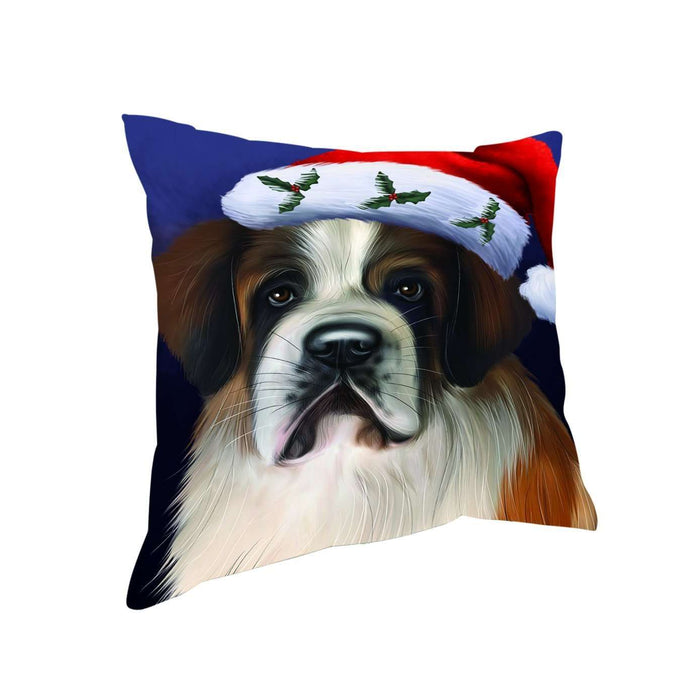 Christmas Saint Bernard Dog Holiday Portrait with Santa Hat Throw Pillow