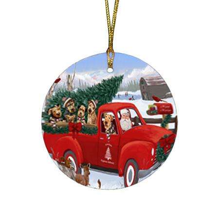 Christmas Santa Express Delivery Airedale Terriers Dog Family Round Flat Christmas Ornament RFPOR55115