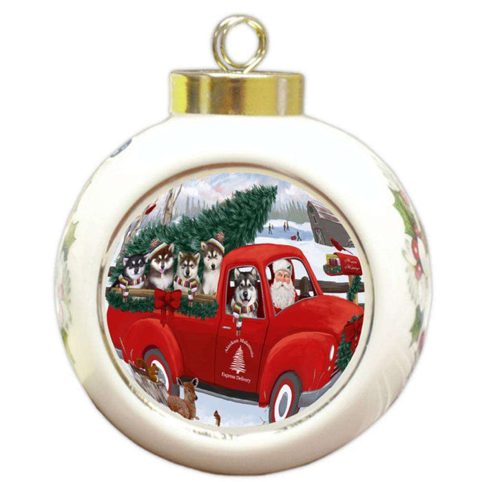 Christmas Santa Express Delivery Alaskan Malamutes Dog Family Round Ball Christmas Ornament RBPOR55126