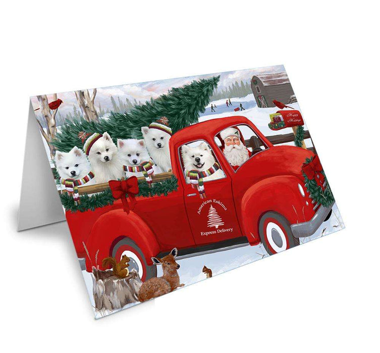 Christmas Santa Express Delivery American Eskimos Dog Family Handmade Artwork Assorted Pets Greeting Cards and Note Cards with Envelopes for All Occasions and Holiday Seasons GCD68828