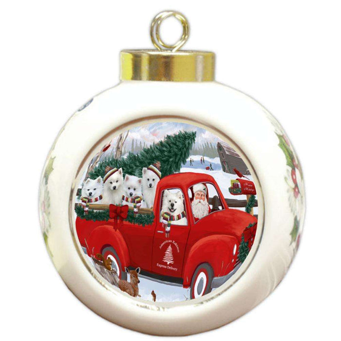 Christmas Santa Express Delivery American Eskimos Dog Family Round Ball Christmas Ornament RBPOR55127