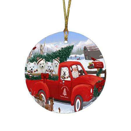 Christmas Santa Express Delivery American Eskimos Dog Family Round Flat Christmas Ornament RFPOR55118