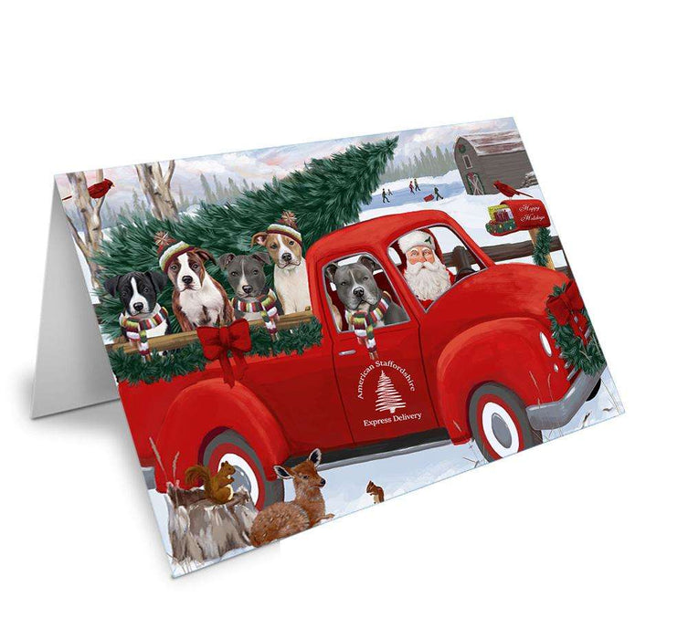 Christmas Santa Express Delivery American Staffordshire Terriers Dog Family Handmade Artwork Assorted Pets Greeting Cards and Note Cards with Envelopes for All Occasions and Holiday Seasons GCD68831