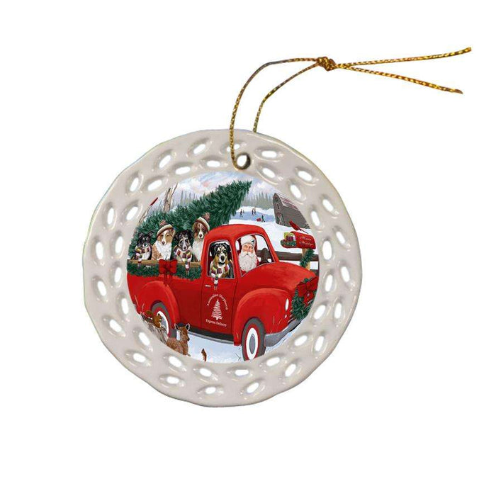 Christmas Santa Express Delivery Australian Shepherds Dog Family Ceramic Doily Ornament DPOR55132