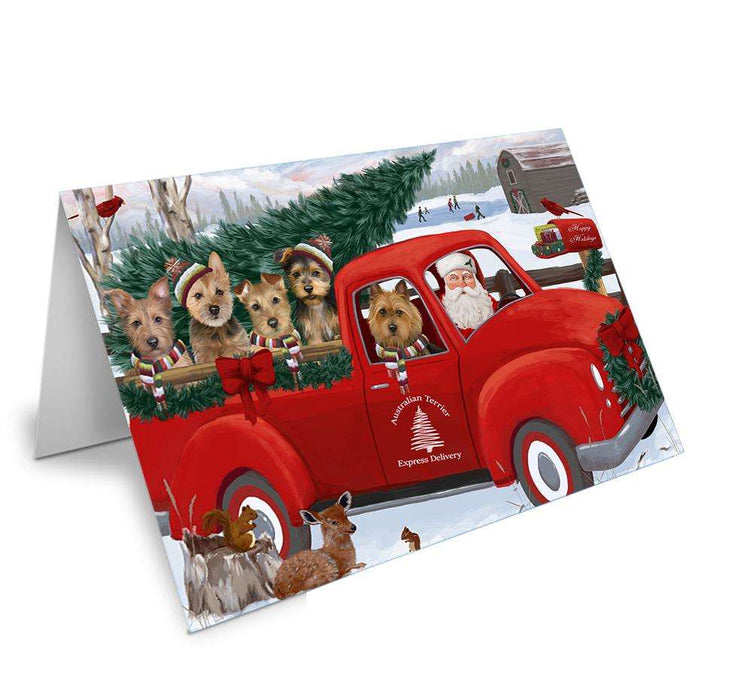 Christmas Santa Express Delivery Australian Terriers Dog Family Handmade Artwork Assorted Pets Greeting Cards and Note Cards with Envelopes for All Occasions and Holiday Seasons GCD68846