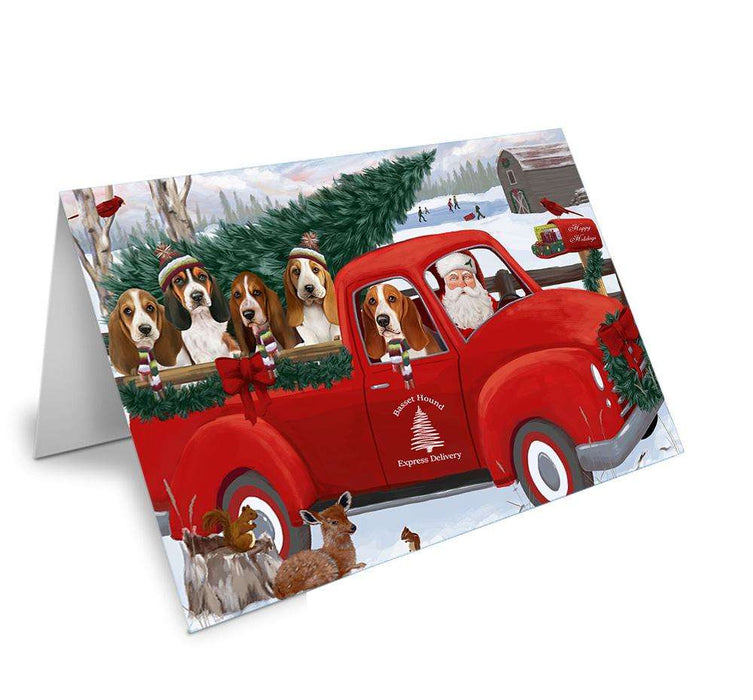 Christmas Santa Express Delivery Basset Hounds Dog Family Handmade Artwork Assorted Pets Greeting Cards and Note Cards with Envelopes for All Occasions and Holiday Seasons GCD68849