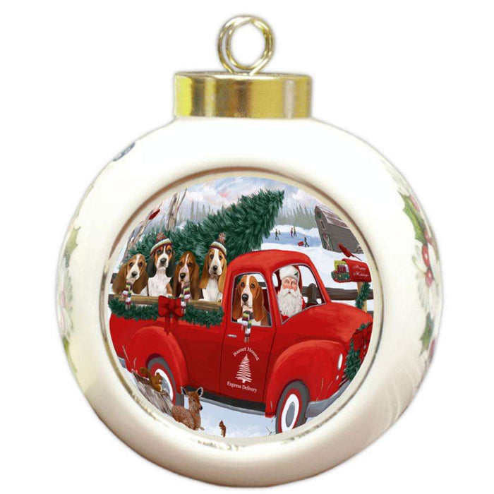 Christmas Santa Express Delivery Basset Hounds Dog Family Round Ball Christmas Ornament RBPOR55134