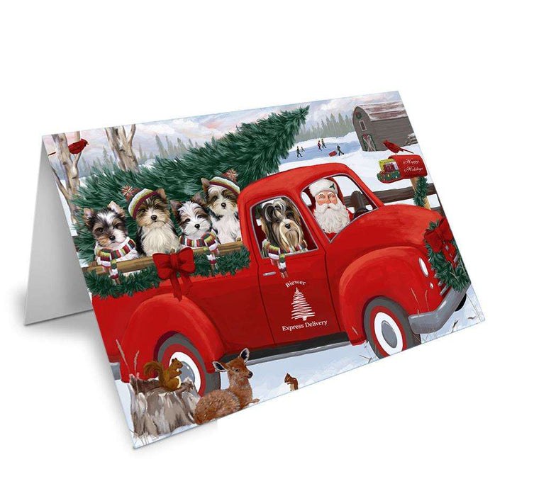 Christmas Santa Express Delivery Biewer Terriers Dog Family Handmade Artwork Assorted Pets Greeting Cards and Note Cards with Envelopes for All Occasions and Holiday Seasons GCD68870