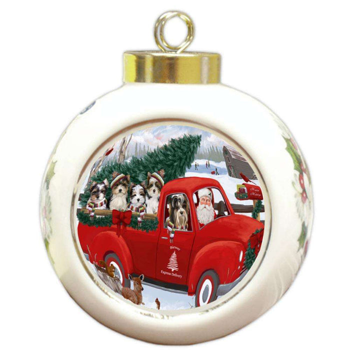 Christmas Santa Express Delivery Biewer Terriers Dog Family Round Ball Christmas Ornament RBPOR55141