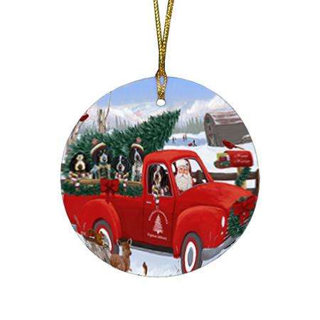 Christmas Santa Express Delivery Bluetick Coonhounds Dog Family Round Flat Christmas Ornament RFPOR55135