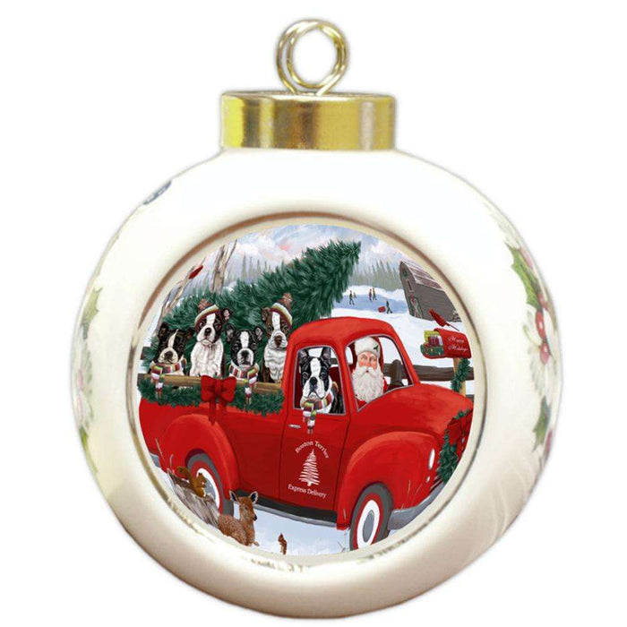 Christmas Santa Express Delivery Boston Terriers Dog Family Round Ball Christmas Ornament RBPOR55146