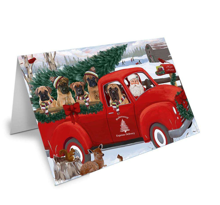 Christmas Santa Express Delivery Bullmastiffs Dog Family Handmade Artwork Assorted Pets Greeting Cards and Note Cards with Envelopes for All Occasions and Holiday Seasons GCD68900