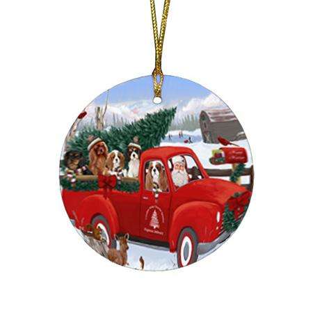 Christmas Santa Express Delivery Cavalier King Charles Spaniels Dog Family Round Flat Christmas Ornament RFPOR55144