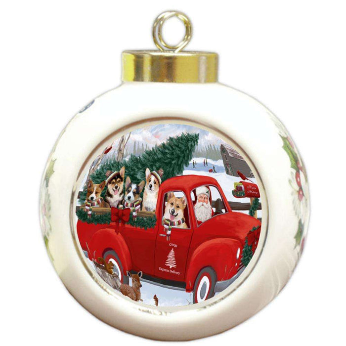 Christmas Santa Express Delivery Corgis Dog Family Round Ball Christmas Ornament RBPOR55159