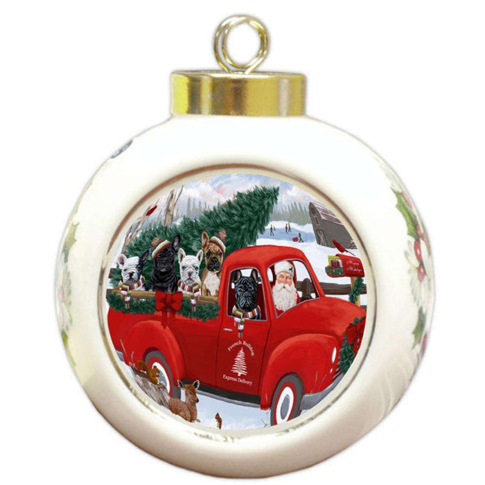 Christmas Santa Express Delivery French Bulldogs Family Round Ball Christmas Ornament RBPOR55163