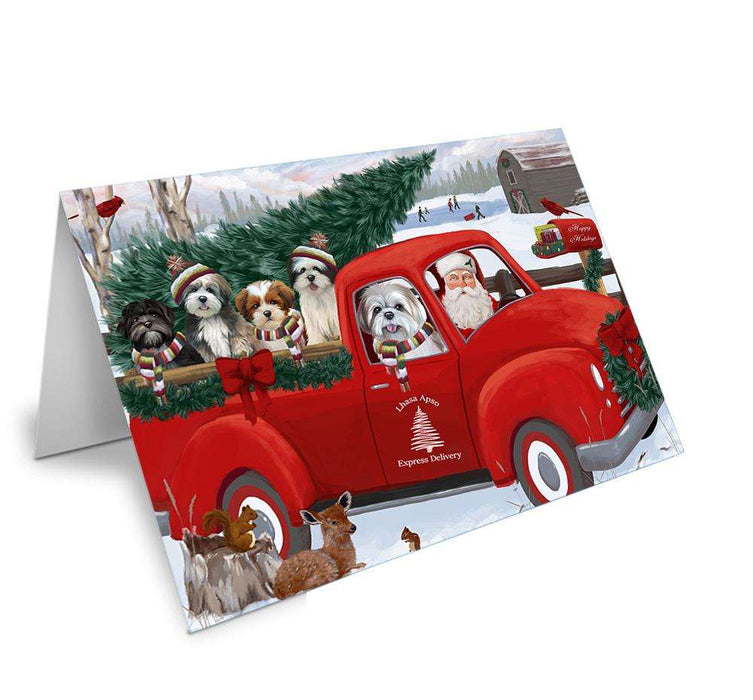 Christmas Santa Express Delivery Lhasa Apsos Dog Family Handmade Artwork Assorted Pets Greeting Cards and Note Cards with Envelopes for All Occasions and Holiday Seasons GCD68972