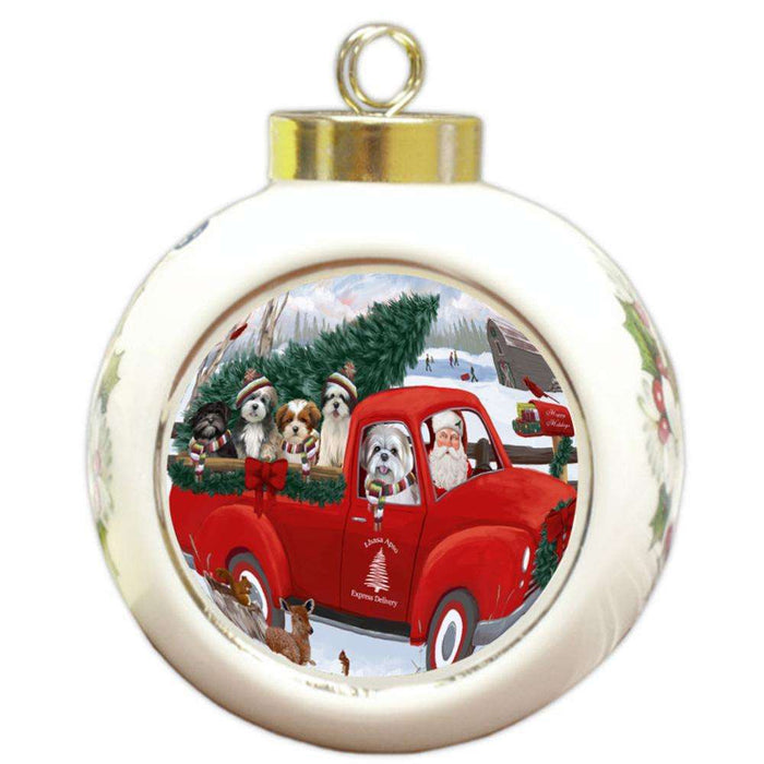 Christmas Santa Express Delivery Lhasa Apsos Dog Family Round Ball Christmas Ornament RBPOR55175
